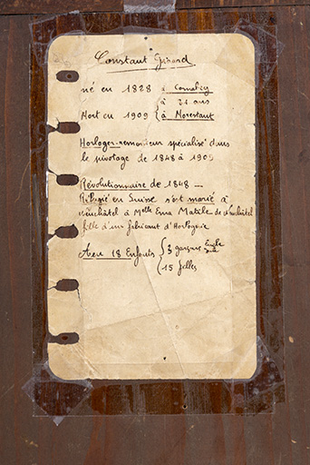 Notice manuscrite scotchée au verso du tableau. © Sonia Dourlot / Région Bourgogne-Franche-Comté, Inventaire du patrimoine - 2017