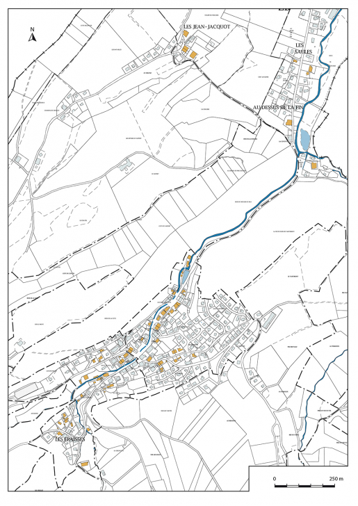 Carte de localisation des fabriques d'outillage étudiées : le village, les Epaisses, le Dessus de la Fin, les Saules et les Jean-Jacquot. Extrait du plan cadastral, 2017, sections AA, AB, AC, ZA, ZB et ZE, 1/1 000 réduit à 1/5 000. © Mathias Papigny / Région Bourgogne-Franche-Comté, Inventaire du patrimoine - 2017 Carte de localisation des fabriques d'outillage étudiées : le village, les Epaisses, le Dessus de la Fin, les Saules et les Jean-Jacquot. Extrait du plan cadastral, 2017, sections AA, AB, AC, ZA, ZB et ZE, 1/1 000 réduit à 1/5 000. © Mathias Papigny / Région Bourgogne-Franche-Comté, Inventaire du patrimoine - 2017