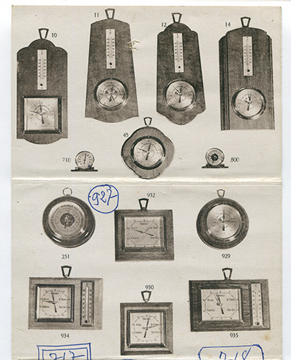 [Catalogue de baromètres JPB : partie supérieure du dépliant], années 1950 ? © Laurent Poupard / Région Bourgogne-Franche-Comté, Inventaire du patrimoine - 2017