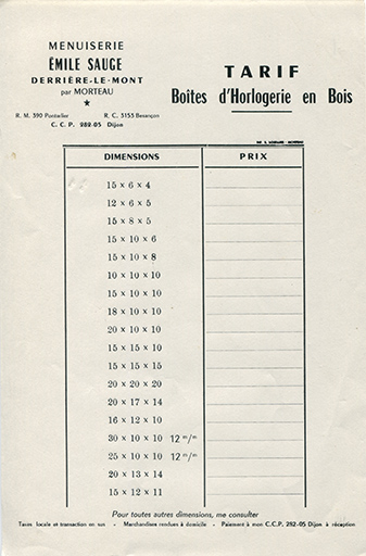 Menuiserie Emile Sauge [...] Tarif. Boîtes d'horlogerie en bois, milieu 20e siècle. © Laurent Poupard / Région Bourgogne-Franche-Comté, Inventaire du patrimoine - 2017