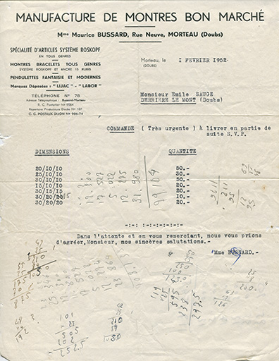 Papier à en-tête de la "Manufacture de Montres Bon Marché" de Mme Maurice Bussard, 1er février 1952. © Laurent Poupard / Région Bourgogne-Franche-Comté, Inventaire du patrimoine - 2017