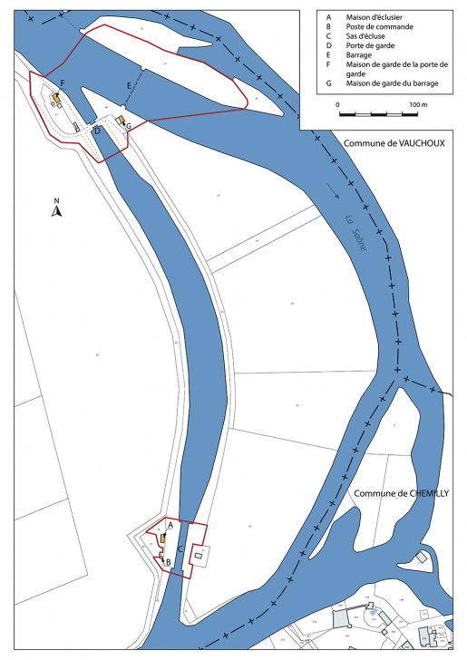 Plan masse et de situation. Détail sud du bief incluant porte de garde et site d'écluse aval. © Mathias Papigny / Région Bourgogne-Franche-Comté, Inventaire du patrimoine - 2017 Plan masse et de situation. Détail sud du bief incluant porte de garde et site d'écluse aval. © Mathias Papigny / Région Bourgogne-Franche-Comté, Inventaire du patrimoine - 2017