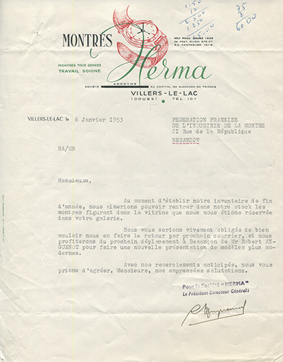 Papier à en-tête de la société Herma, 6 janvier 1953. © Laurent Poupard / Région Bourgogne-Franche-Comté, Inventaire du patrimoine - 2018 Papier à en-tête de la société Herma, 6 janvier 1953. © Laurent Poupard / Région Bourgogne-Franche-Comté, Inventaire du patrimoine - 2018