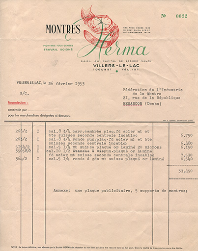 Papier à en-tête de la société Herma, 26 février 1953. © Laurent Poupard / Région Bourgogne-Franche-Comté, Inventaire du patrimoine - 2018 Papier à en-tête de la société Herma, 26 février 1953. © Laurent Poupard / Région Bourgogne-Franche-Comté, Inventaire du patrimoine - 2018