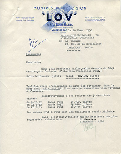 Papier à en-tête de la société Hubert Lambert et Fils, 20 mars 1953. © Laurent Poupard / Région Bourgogne-Franche-Comté, Inventaire du patrimoine - 2018 Papier à en-tête de la société Hubert Lambert et Fils, 20 mars 1953. © Laurent Poupard / Région Bourgogne-Franche-Comté, Inventaire du patrimoine - 2018