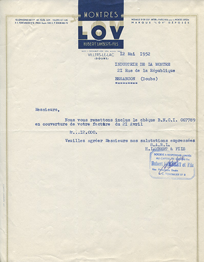Papier à en-tête de la société Hubert Lambert et Fils, 12 mai 1952. © Laurent Poupard / Région Bourgogne-Franche-Comté, Inventaire du patrimoine - 2018 Papier à en-tête de la société Hubert Lambert et Fils, 12 mai 1952. © Laurent Poupard / Région Bourgogne-Franche-Comté, Inventaire du patrimoine - 2018