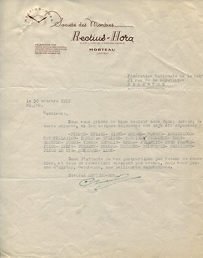 Papier à en-tête de la société Rectius-Hora, 30 octobre 1953. © Laurent Poupard / Région Bourgogne-Franche-Comté, Inventaire du patrimoine - 2018