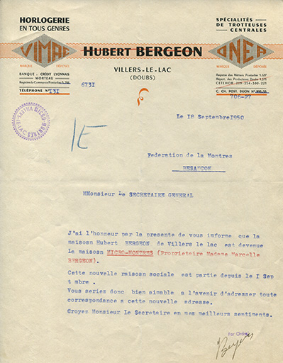 Papier à en-tête de la société Hubert Bergeon, 18 septembre 1950. © Laurent Poupard / Région Bourgogne-Franche-Comté, Inventaire du patrimoine - 2018 Papier à en-tête de la société Hubert Bergeon, 18 septembre 1950. © Laurent Poupard / Région Bourgogne-Franche-Comté, Inventaire du patrimoine - 2018