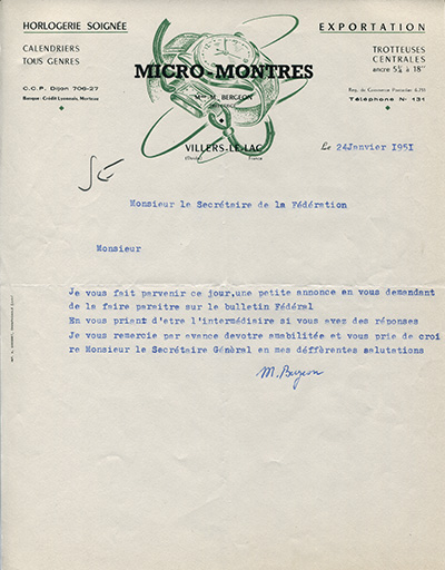 Papier à en-tête de la société Micro-Montres, 24 janvier 1951. © Laurent Poupard / Région Bourgogne-Franche-Comté, Inventaire du patrimoine - 2018 Papier à en-tête de la société Micro-Montres, 24 janvier 1951. © Laurent Poupard / Région Bourgogne-Franche-Comté, Inventaire du patrimoine - 2018