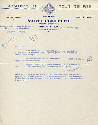 Papier à en-tête de la société Ruprecht, 25 octobre 1955. © Laurent Poupard / Région Bourgogne-Franche-Comté, Inventaire du patrimoine - 2018 Papier à en-tête de la société Ruprecht, 25 octobre 1955. © Laurent Poupard / Région Bourgogne-Franche-Comté, Inventaire du patrimoine - 2018