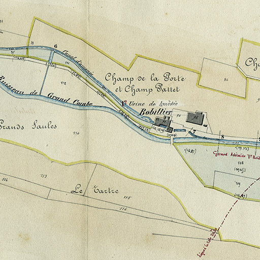 Commune de Grand'Combe. Règlement d'eau des usines [...] Plan parcellaire [détail de la partie gauche : Bobillier], 21 juin 1876. © Laurent Poupard / Région Bourgogne-Franche-Comté, Inventaire du patrimoine - 2018