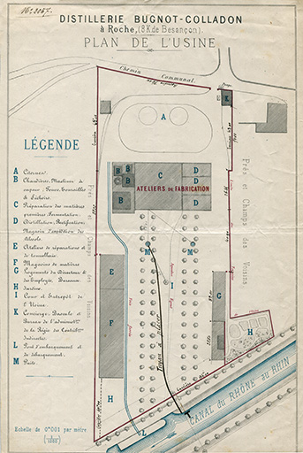 Distillerie Bugnot-Colladon à Roche - Plan de l'usine, s.d. [1870]. © Raphaël Favereaux / Région Bourgogne-Franche-Comté, Inventaire du patrimoine - 2018