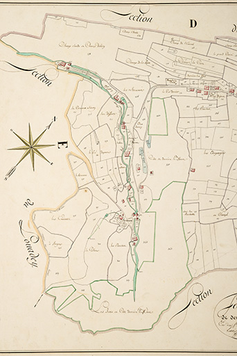 Cadastre de la commune de Montlebon. Atlas parcellaire, 1814, section D 2e feuille [détail : partie gauche], 1/2 500. © Jérôme Mongreville / Région Bourgogne-Franche-Comté, Inventaire du patrimoine - 2018