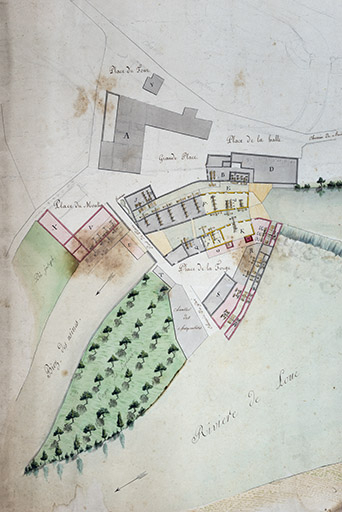 Plan géométrique des forges et usines de Chenecey [détail], s.d. [milieu 19e siècle]. © Jérôme Mongreville / Région Bourgogne-Franche-Comté, Inventaire du patrimoine - 2018
