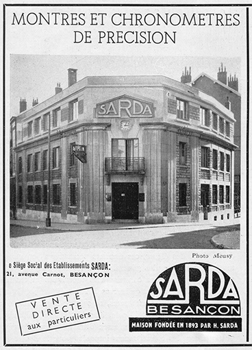 Montres et chronomètres de précision Sarda, encart publicitaire, s.d. [1949]. © Meusy / Région Bourgogne-Franche-Comté, Inventaire du patrimoine - 2018