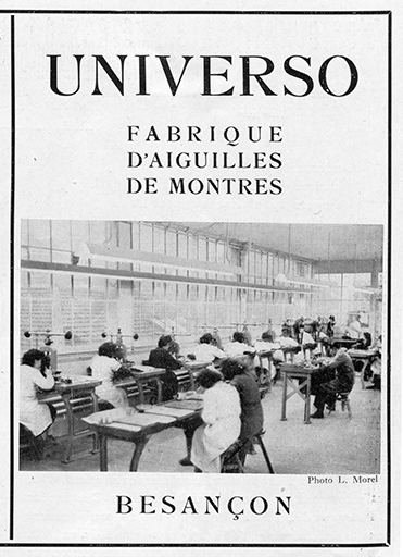 Fabrique d'aiguilles de montres Universo, encart publicitaire, s.d. [1949]. © Raphaël Favereaux / Région Bourgogne-Franche-Comté, Inventaire du patrimoine - 2018