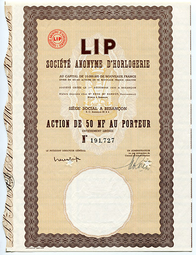 Action de la SA d'horlogerie Lip, s.d. [vers 1960]. © Raphaël Favereaux / Région Bourgogne-Franche-Comté, Inventaire du patrimoine - 2018