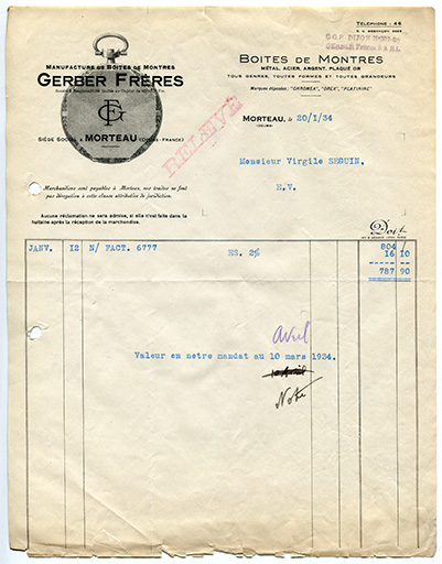 Papier à en-tête de la Manufacture de Boîtes de Montres Gerber Frères, 20 janvier 1934. © Laurent Poupard / Région Bourgogne-Franche-Comté, Inventaire du patrimoine - 2018 Papier à en-tête de la Manufacture de Boîtes de Montres Gerber Frères, 20 janvier 1934. © Laurent Poupard / Région Bourgogne-Franche-Comté, Inventaire du patrimoine - 2018