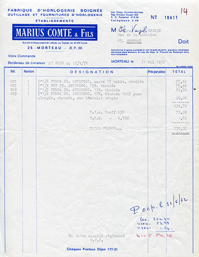 Papier à en-tête de la société Marius Comte et Fils, 31 mai 1972. © Laurent Poupard / Région Bourgogne-Franche-Comté, Inventaire du patrimoine - 2018