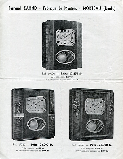 Fernand Zahnd - Fabrique de montres - Morteau (Doubs) [tarif des carillons : recto], 1954. © Laurent Poupard / Région Bourgogne-Franche-Comté, Inventaire du patrimoine - 2018
