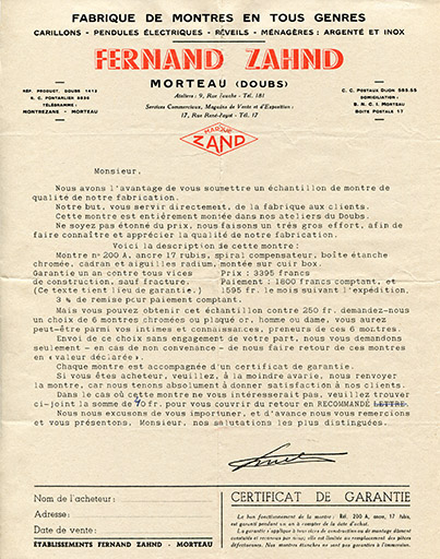 Courrier d'accompagnement d'une vente de montre par soumission, vers 1954. © Laurent Poupard / Région Bourgogne-Franche-Comté, Inventaire du patrimoine - 2018