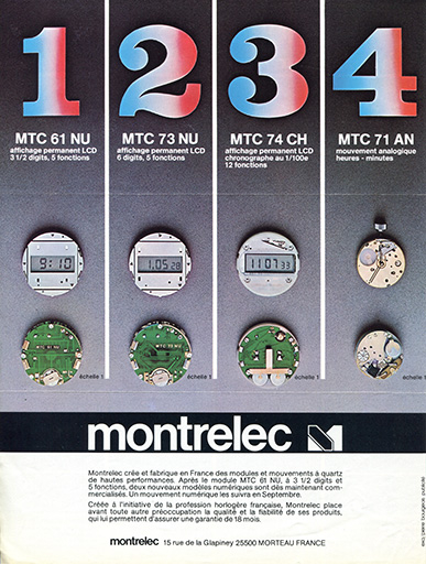 1 2 3 4 [notice publicitaire de présentation de mouvements à quartz Montrelec : recto], entre 1977 et 1980. © Laurent Poupard / Région Bourgogne-Franche-Comté, Inventaire du patrimoine - 2018
