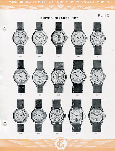 Catalogue de la Manufacture de Boîtes de Montres Gerber Frères, décennies 1920-1930 : pl. 1, boîtes mirages, 12'''. © Laurent Poupard / Région Bourgogne-Franche-Comté, Inventaire du patrimoine - 2018 Catalogue de la Manufacture de Boîtes de Montres Gerber Frères, décennies 1920-1930 : pl. 1, boîtes mirages, 12'''. © Laurent Poupard / Région Bourgogne-Franche-Comté, Inventaire du patrimoine - 2018