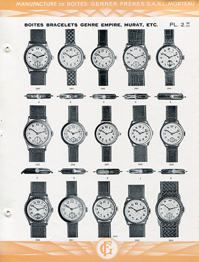 Catalogue de la Manufacture de Boîtes de Montres Gerber Frères, décennies 1920-1930 : pl. 2, boîtes bracelets genre Empire, Murat, etc. © Laurent Poupard / Région Bourgogne-Franche-Comté, Inventaire du patrimoine - 2018 Catalogue de la Manufacture de Boîtes de Montres Gerber Frères, décennies 1920-1930 : pl. 2, boîtes bracelets genre Empire, Murat, etc. © Laurent Poupard / Région Bourgogne-Franche-Comté, Inventaire du patrimoine - 2018