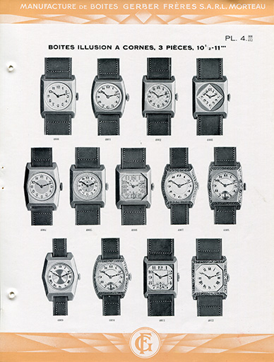 Catalogue de la Manufacture de Boîtes de Montres Gerber Frères, décennies 1920-1930 : pl. 4, boîtes Illusion à cornes, 3 pièces, 10 1/2-11'''. © Laurent Poupard / Région Bourgogne-Franche-Comté, Inventaire du patrimoine - 2018 Catalogue de la Manufacture de Boîtes de Montres Gerber Frères, décennies 1920-1930 : pl. 4, boîtes Illusion à cornes, 3 pièces, 10 1/2-11'''. © Laurent Poupard / Région Bourgogne-Franche-Comté, Inventaire du patrimoine - 2018