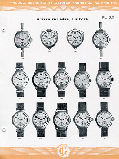 Catalogue de la Manufacture de Boîtes de Montres Gerber Frères, décennies 1920-1930 : pl. 5, boîtes fraisées, 3 pièces. © Laurent Poupard / Région Bourgogne-Franche-Comté, Inventaire du patrimoine - 2018 Catalogue de la Manufacture de Boîtes de Montres Gerber Frères, décennies 1920-1930 : pl. 5, boîtes fraisées, 3 pièces. © Laurent Poupard / Région Bourgogne-Franche-Comté, Inventaire du patrimoine - 2018