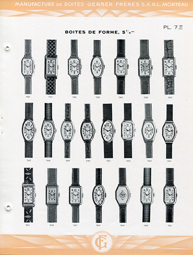 Catalogue de la Manufacture de Boîtes de Montres Gerber Frères, décennies 1920-1930 : pl. 7, boîtes de forme, 5 1/4'''. © Laurent Poupard / Région Bourgogne-Franche-Comté, Inventaire du patrimoine - 2018 Catalogue de la Manufacture de Boîtes de Montres Gerber Frères, décennies 1920-1930 : pl. 7, boîtes de forme, 5 1/4'''. © Laurent Poupard / Région Bourgogne-Franche-Comté, Inventaire du patrimoine - 2018