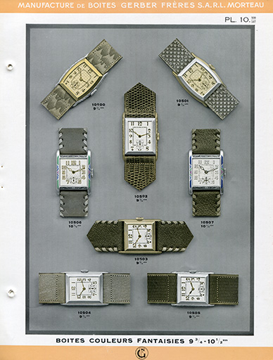 Catalogue de la Manufacture de Boîtes de Montres Gerber Frères, décennies 1920-1930 : pl. 10, boîtes couleurs fantaisies 9 3/4-10 1/2'''. © Laurent Poupard / Région Bourgogne-Franche-Comté, Inventaire du patrimoine - 2018 Catalogue de la Manufacture de Boîtes de Montres Gerber Frères, décennies 1920-1930 : pl. 10, boîtes couleurs fantaisies 9 3/4-10 1/2'''. © Laurent Poupard / Région Bourgogne-Franche-Comté, Inventaire du patrimoine - 2018