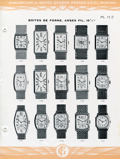 Catalogue de la Manufacture de Boîtes de Montres Gerber Frères, décennies 1920-1930 : pl. 11, boîtes de forme, anses fil, 10 1/2'''. © Laurent Poupard / Région Bourgogne-Franche-Comté, Inventaire du patrimoine - 2018 Catalogue de la Manufacture de Boîtes de Montres Gerber Frères, décennies 1920-1930 : pl. 11, boîtes de forme, anses fil, 10 1/2'''. © Laurent Poupard / Région Bourgogne-Franche-Comté, Inventaire du patrimoine - 2018