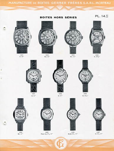 Catalogue de la Manufacture de Boîtes de Montres Gerber Frères, décennies 1920-1930 : pl. 14, boîtes hors séries. © Laurent Poupard / Région Bourgogne-Franche-Comté, Inventaire du patrimoine - 2018 Catalogue de la Manufacture de Boîtes de Montres Gerber Frères, décennies 1920-1930 : pl. 14, boîtes hors séries. © Laurent Poupard / Région Bourgogne-Franche-Comté, Inventaire du patrimoine - 2018