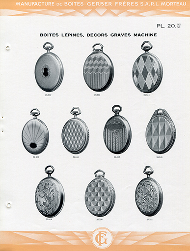 Catalogue de la Manufacture de Boîtes de Montres Gerber Frères, décennies 1920-1930 : pl. 20, boîtes Lépines, décors gravés machine. © Laurent Poupard / Région Bourgogne-Franche-Comté, Inventaire du patrimoine - 2018 Catalogue de la Manufacture de Boîtes de Montres Gerber Frères, décennies 1920-1930 : pl. 20, boîtes Lépines, décors gravés machine. © Laurent Poupard / Région Bourgogne-Franche-Comté, Inventaire du patrimoine - 2018