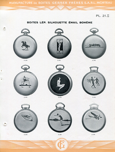 Catalogue de la Manufacture de Boîtes de Montres Gerber Frères, décennies 1920-1930 : pl. 21, boîtes Lép[ines] silhouette émail bohême. © Laurent Poupard / Région Bourgogne-Franche-Comté, Inventaire du patrimoine - 2018