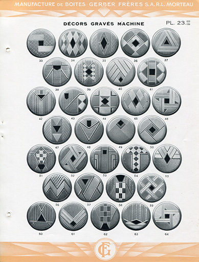 Catalogue de la Manufacture de Boîtes de Montres Gerber Frères, décennies 1920-1930 : pl. 23, décors gravés machine. © Laurent Poupard / Région Bourgogne-Franche-Comté, Inventaire du patrimoine - 2018 Catalogue de la Manufacture de Boîtes de Montres Gerber Frères, décennies 1920-1930 : pl. 23, décors gravés machine. © Laurent Poupard / Région Bourgogne-Franche-Comté, Inventaire du patrimoine - 2018
