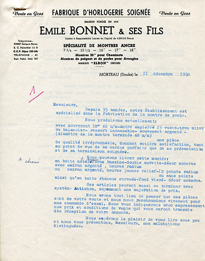 Papier à en-tête de la Sarl Emile Bonnet et ses Fils, 11 décembre 1958. © Laurent Poupard / Région Bourgogne-Franche-Comté, Inventaire du patrimoine - 2018