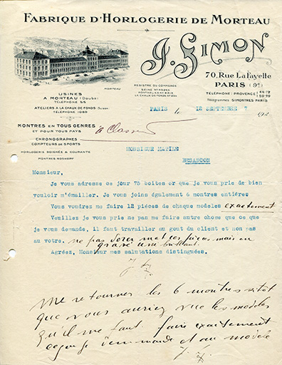 Papier à en-tête de la Fabrique d'Horlogerie de Morteau J. Simon, 12 septembre 1927. © Laurent Poupard / Région Bourgogne-Franche-Comté, Inventaire du patrimoine - 2018