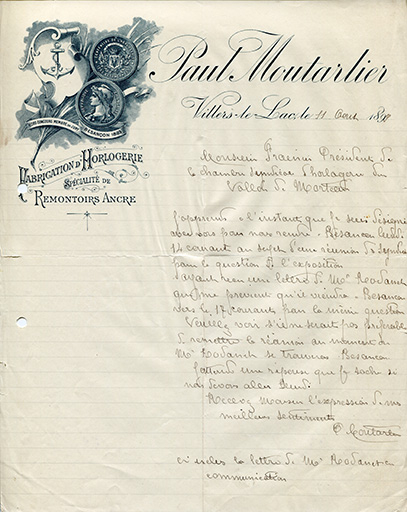 Papier à en-tête de Paul Moutarlier, 11 août 1899. © Laurent Poupard / Région Bourgogne-Franche-Comté, Inventaire du patrimoine - 2018