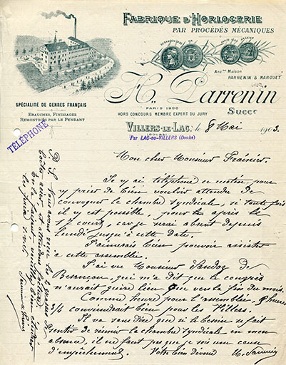 Papier à en-tête d'Hippolyte Parrenin, 8 mai 1903. © Laurent Poupard / Région Bourgogne-Franche-Comté, Inventaire du patrimoine - 2018 Papier à en-tête d'Hippolyte Parrenin, 8 mai 1903. © Laurent Poupard / Région Bourgogne-Franche-Comté, Inventaire du patrimoine - 2018