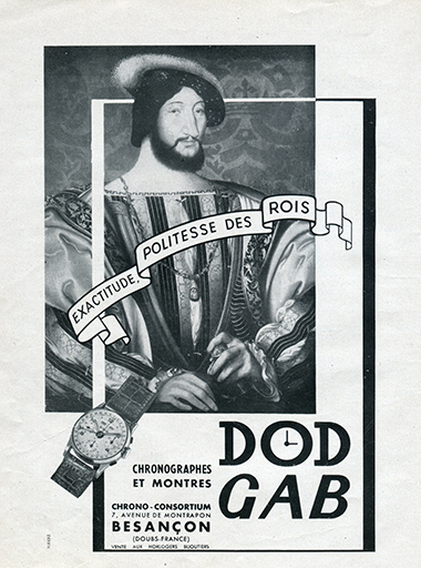 Chronomètres et montres Dod - Gab, publicité, 1947. © Laurent Poupard / Région Bourgogne-Franche-Comté, Inventaire du patrimoine - 2018 Chronomètres et montres Dod - Gab, publicité, 1947. © Laurent Poupard / Région Bourgogne-Franche-Comté, Inventaire du patrimoine - 2018