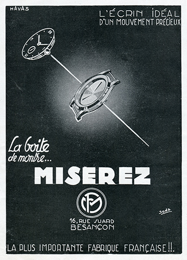 Boîte de montre Miserez, publicité, 1947. © Raphaël Favereaux / Région Bourgogne-Franche-Comté, Inventaire du patrimoine - 2018 Boîte de montre Miserez, publicité, 1947. © Raphaël Favereaux / Région Bourgogne-Franche-Comté, Inventaire du patrimoine - 2018
