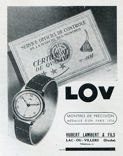 Publicité pour les montres Lov, 1947. © Laurent Poupard / Région Bourgogne-Franche-Comté, Inventaire du patrimoine - 2018 Publicité pour les montres Lov, 1947. © Laurent Poupard / Région Bourgogne-Franche-Comté, Inventaire du patrimoine - 2018