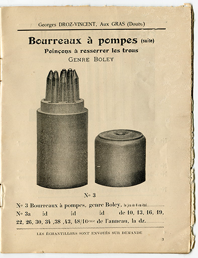 Bourreaux à pompes (suite). Poinçons à resserrer les trous genre Boley [extrait d'un catalogue, p. 3], 1er quart 20e siècle. © Laurent Poupard / Région Bourgogne-Franche-Comté, Inventaire du patrimoine - 2018