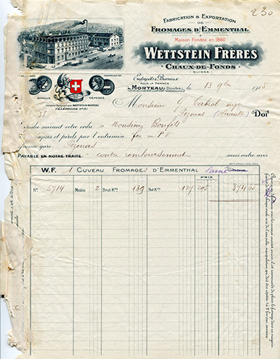 Papier à en-tête de la société Wettstein Frères, 13 novembre 1915. © Laurent Poupard / Région Bourgogne-Franche-Comté, Inventaire du patrimoine - 2018