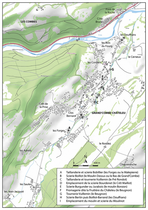 Carte de localisation des sites hydrauliques. Carte topographique à 1/25 000, I.G.N., Morteau, 3524 OT. SCAN 25 © IGN - 2008, licence n° 2008CISE29-68. © Bertrand Turina / Région Bourgogne-Franche-Comté, Inventaire du patrimoine - 2018 Carte de localisation des sites hydrauliques. Carte topographique à 1/25 000, I.G.N., Morteau, 3524 OT. SCAN 25 © IGN - 2008, licence n° 2008CISE29-68. © Bertrand Turina / Région Bourgogne-Franche-Comté, Inventaire du patrimoine - 2018