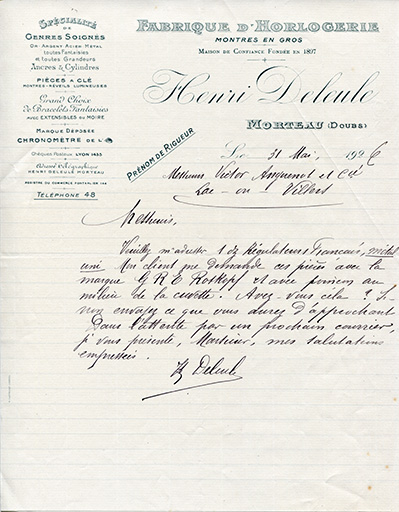 Papier à en-tête de la Fabrique d'Horlogerie Henri Deleule, 31 mai 1926. © Laurent Poupard / Région Bourgogne-Franche-Comté, Inventaire du patrimoine - 2018