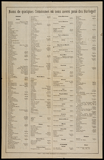 Fabrique d’horloges monumentales Prêtre Père & Fils [affiche publicitaire : verso], 1909. © Laurent Poupard / Région Bourgogne-Franche-Comté, Inventaire du patrimoine - 2018
