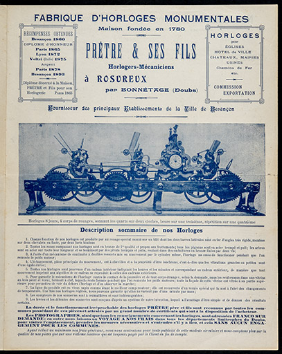 Fabrique d’horloges monumentales Prêtre & ses Fils [dépliant publicitaire : p. 1], 1er quart 20e siècle. © Laurent Poupard / Région Bourgogne-Franche-Comté, Inventaire du patrimoine - 2018